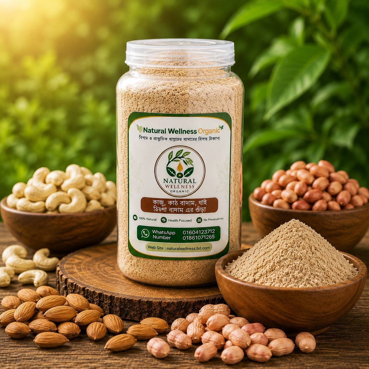 কাঠ বাদাম, কাজু বাদাম, থাই চিনা বাদাম গুড়া (Almond, cashew, and Thai peanut powder)